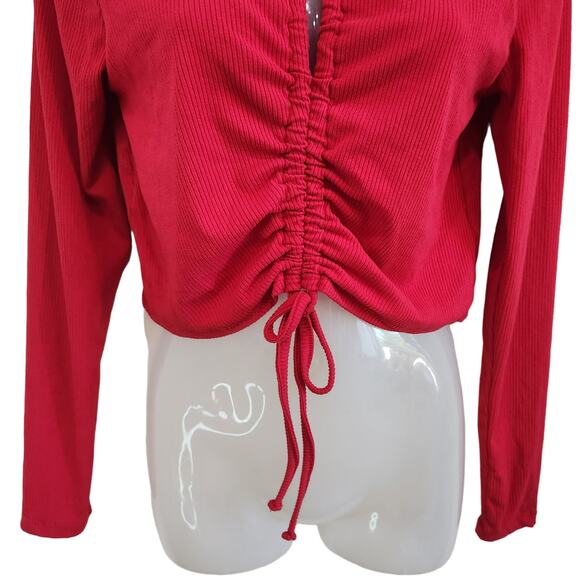Full Circle Trends Ribbed Long Sleeve Cropped Top Ruched Tie Front Red Size L - Picture 5 of 9